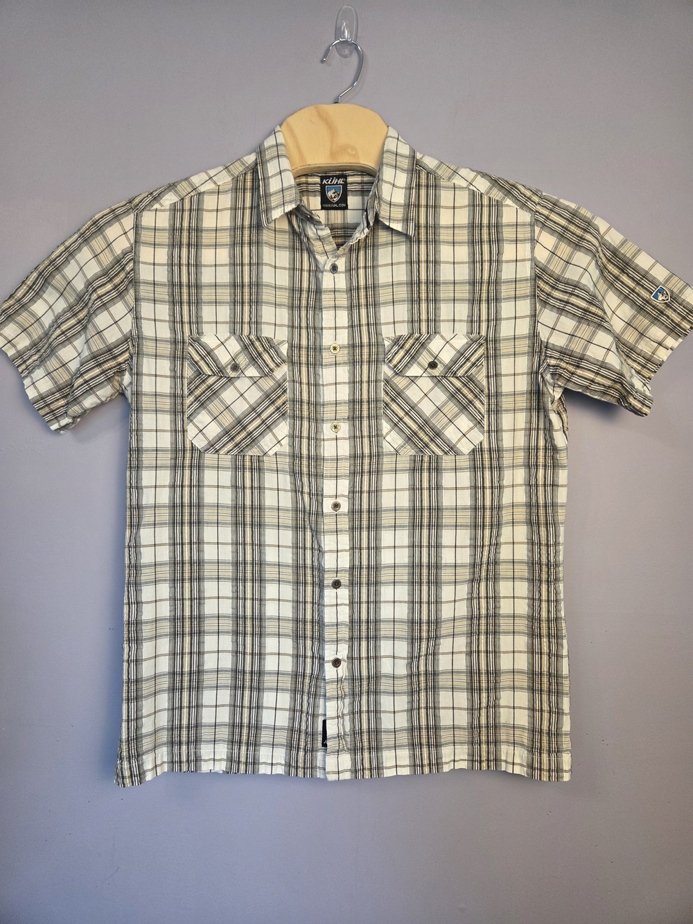 KUHL Short Sleeve Plaid Button-Down Shirt Mens XL Cream Gray Hiking Travel EUC